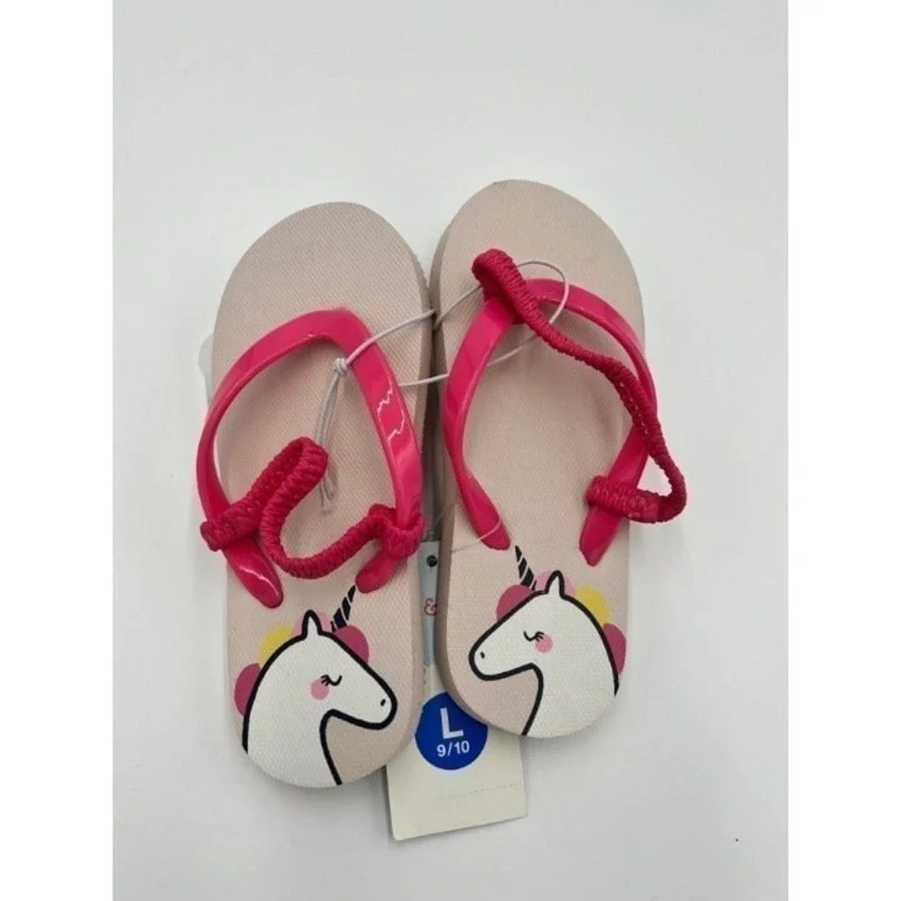 Cat Jack Toddler Girls Flip Flops Sandals Unicorn Print Pink Straps Size L 9‎ 10